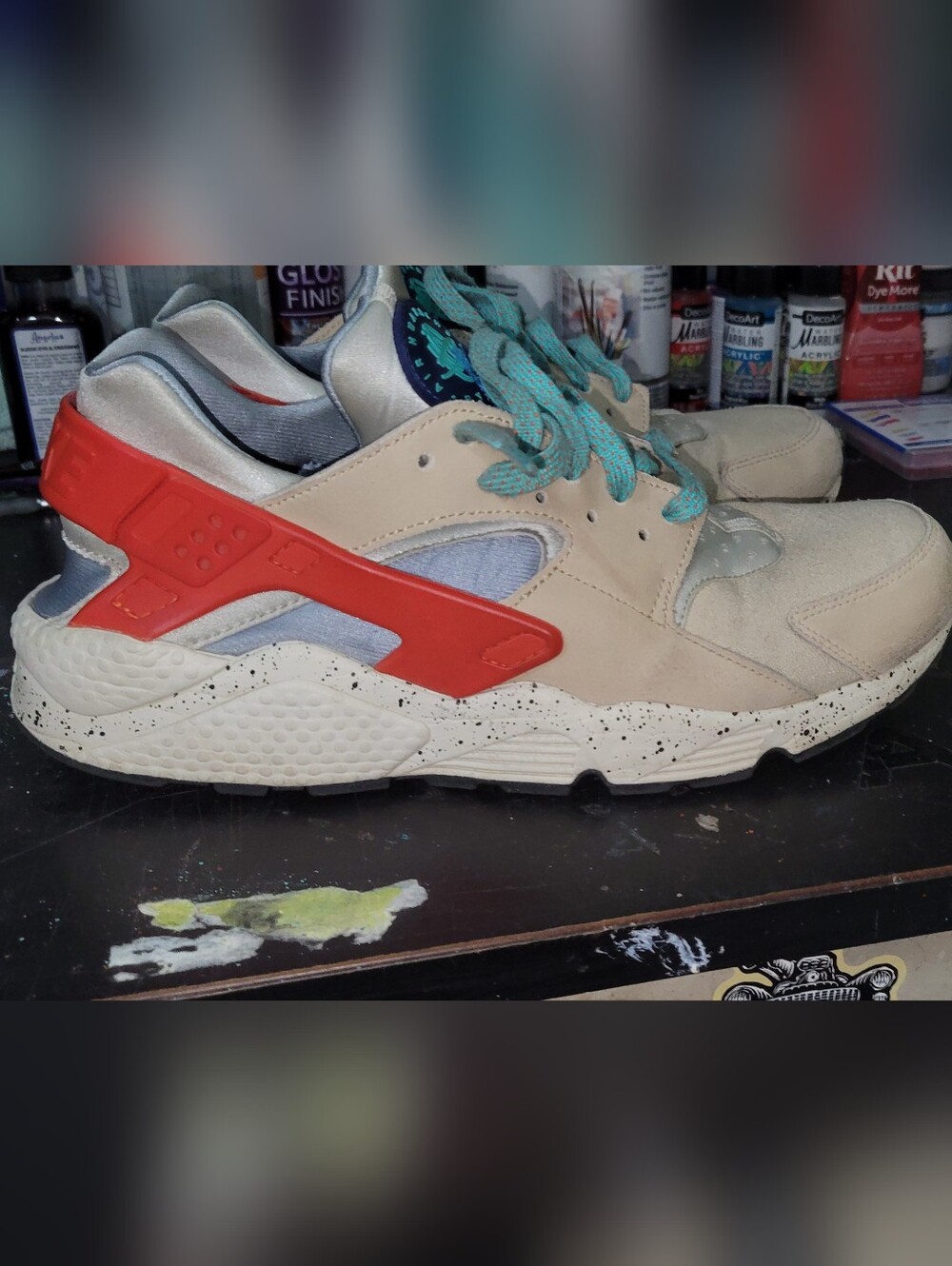 Nike Beige Sneakers with Red Heel Cage and Teal Laces